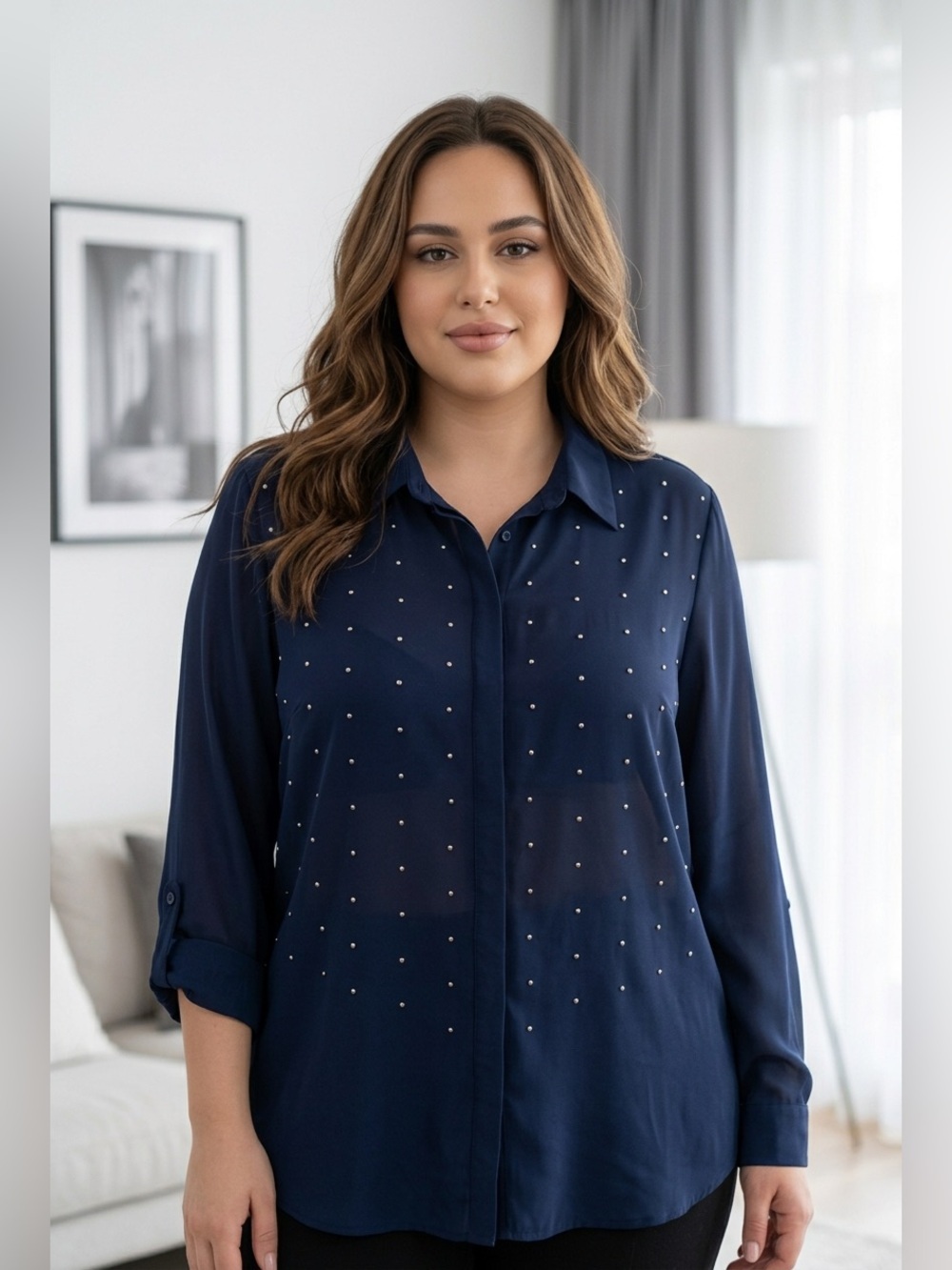Investments Navy Blouse with Silver Stud Accents
